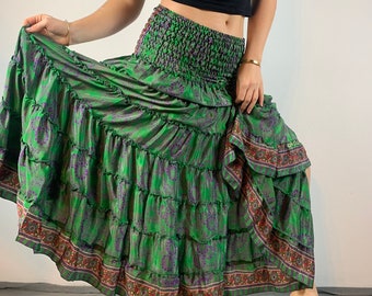 Falda de seda Hera, falda Boho, étnica, falda tribal, falda colorida, falda de tamaño libre, falda de seda