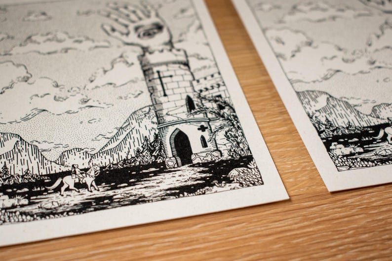 May include: Black and white illustration prints featuring a medieval tower with a hand emerging from the top, a rider on horseback, and mountainous landscapes. The artwork is detailed with cross-hatching and stippling techniques, creating a textured effect.
