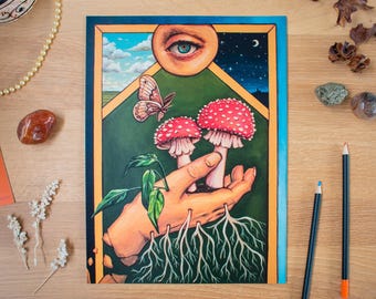 Surrealistische hand oog paddestoel Schilderij A4 print