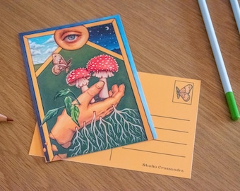 Schilderij Paddestoel Hand Oog A6 Postkaart