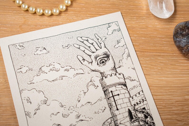 May include: Black and white illustration of a hand with an eye in the palm, emerging from a castle tower. The artwork is set against a cloudy sky background. A pearl necklace and crystals are in the background.