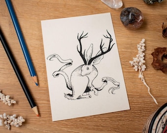 Jackalope magisch dier inkttekening A6 kaart op vezelpapier postcard