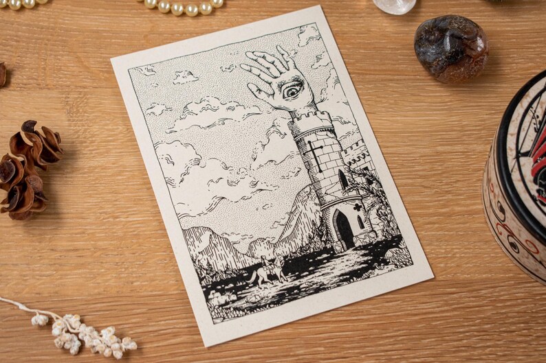 May include: Black and white illustration on a cream-colored card. The artwork depicts a hand with an eye in the palm emerging from a tower. A figure on a horse is in the foreground. The background shows mountains and clouds.