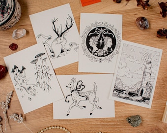 Hoge kwaliteit kaartenset van inkttekening A6 Fantasie Natuur eco vezel beige papier