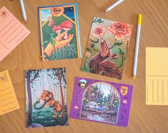 Set van 4 Postkaarten Sprookje Dieren Natuur