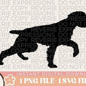 Może przedstawiać: Czarna sylwetka biegnącego psa, z tekstem "REVERIE EXPRESSIONS DO NOT COPY" powtarzanym w tle. Tekst "INSTANT DIGITAL DOWNLOAD" i "1 PNG FILE - 1 SVG FILE" znajduje się na dole obrazu.