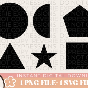 Op de afbeelding: Een digitale download van zes zwarte geometrische vormen: een cirkel, een halve cirkel, een vijfhoek, een driehoek, een ster en een vierkant. De vormen zijn geïsoleerd op een witte achtergrond. De tekst "INSTANT DIGITAL DOWNLOAD" en "1 PNG FILE - 1 SVG FILE" staat onderaan de afbeelding.