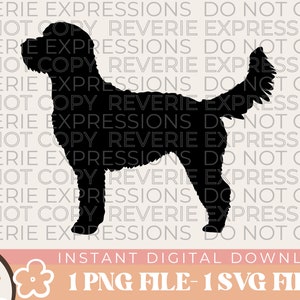 May include: Black silhouette of a dog with a curly tail. The dog is standing on a white background with the text "REVERIE EXPRESSIONS DO NOT COPY" repeated in a pattern.