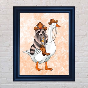 Cowboy Raccoon on a goose with a beer | Funny Raccoon on a Goose Print