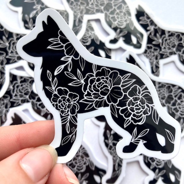 Floral German Shepherd Sticker, Vinyl German Shepherd Sticker, German Shepherd Silhouette