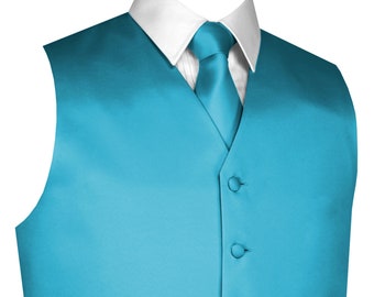 TURQUOISE MEN'S Satin Formal Tuxedo Vest, Tie Hankie for