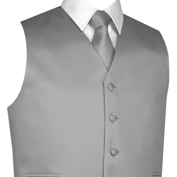 SILVER MEN'S satin formal tuxedo vest, tie & hankie set. For Formal, Wedding, Prom, Cruise