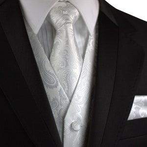 WHITE MEN&#39;S PAISLEY formal tuxedo vest, tie & hankie set. For Formal, Wedding, Prom, Cruise