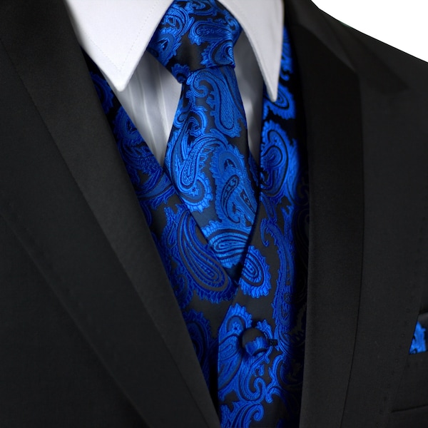 ROYAL BLUE MEN'S Paisley formal tuxedo vest, tie & hankie set. For Formal, Wedding, Prom, Cruise