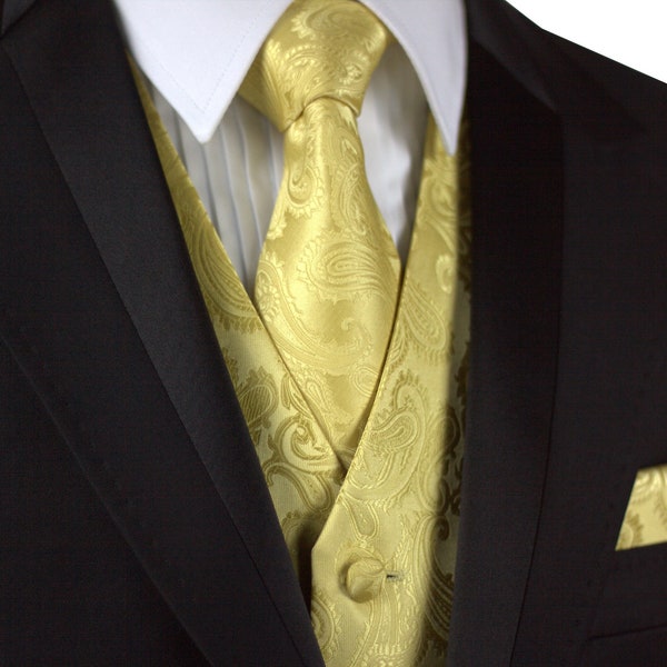 GOLD MEN'S PAISLEY formal tuxedo vest, tie & hankie set. For Formal, Wedding, Prom, Cruise