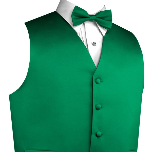 GREEN MEN'S SATIN formal tuxedo vest, bow - tie & hankie set. For Formal, Wedding, Prom, Cruise