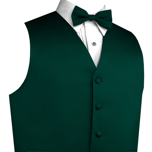 HUNTER GREEN MEN'S satin formal tuxedo vest, bow - tie & hankie set. For Formal, Wedding, Prom, Cruise