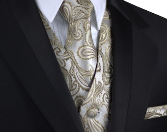 DARK CHAMPAGNE MEN'S Paisley formal tuxedo vest, tie & hankie set. For Formal, Wedding, Prom, Cruise
