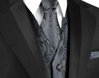 CHARCOAL MEN'S PAISLEY formal tuxedo vest, Matching Tie & hankie set. For Formal, Wedding, Prom, Cruise