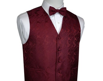 BURGUNDY MEN'S PAISLEY formal tuxedo vest, bow- tie & hankie set. For Formal, Wedding, Prom, Cruise