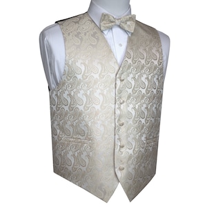 CHAMPAGNE MEN'S PAISLEY formal tuxedo vest, bow-tie & hankie set. For Formal, Wedding, Prom, Cruise