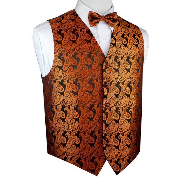 BURNT ORANGE MEN'S Paisley formal tuxedo vest, bow-tie & hankie set. For Formal, Wedding, Prom, Cruise