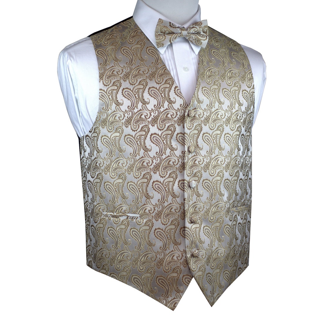 DARK CHAMPAGNE MEN'S Paisley Formal Tuxedo Vest, Bowtie & Hankie Set. for Formal, Wedding, Prom