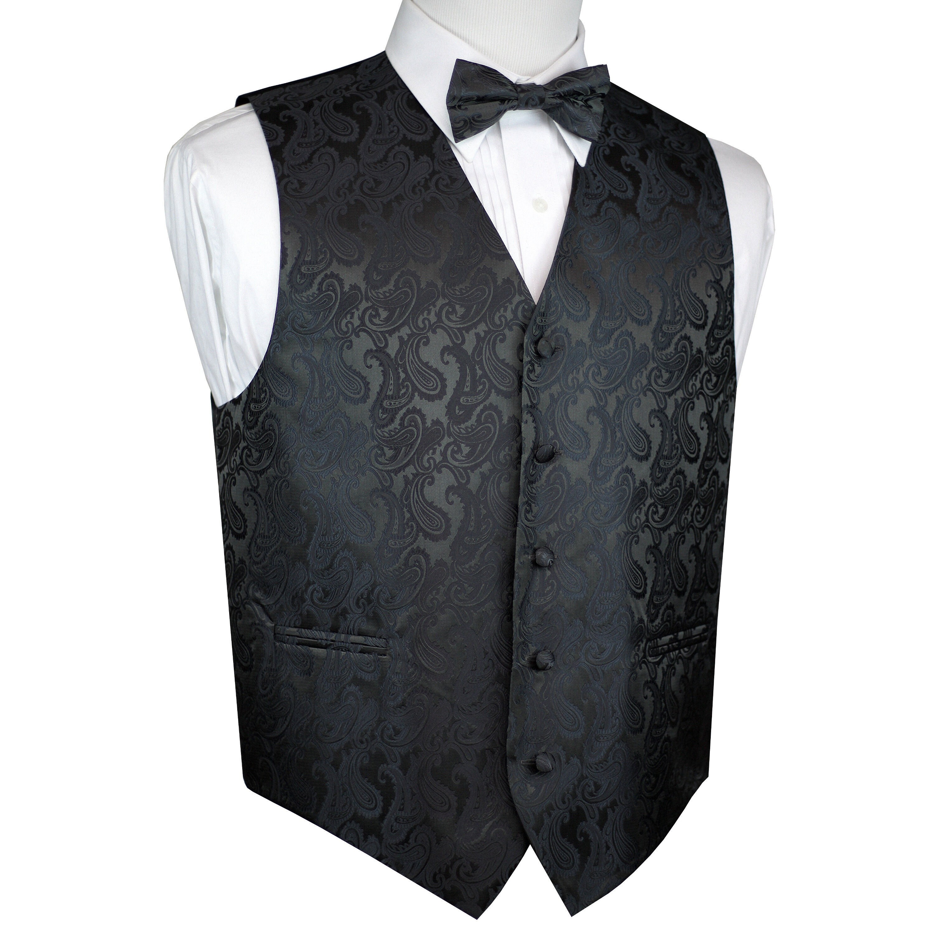 MEN'S CHARCOAL PAISLEY TUXEDO VEST, TIE & HANKIE SET. FORMAL DRESS