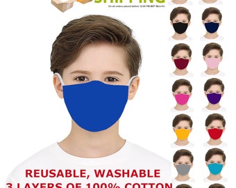 Kids Face Mask Triple Layers 100% Cotton Washable Reusable With Filter Pocket. Unisex