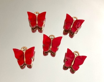 Red Enamel Charms Enamel Butterfly Pendant Set of 5 Red Butterfly Charms Gold Keychain Charms