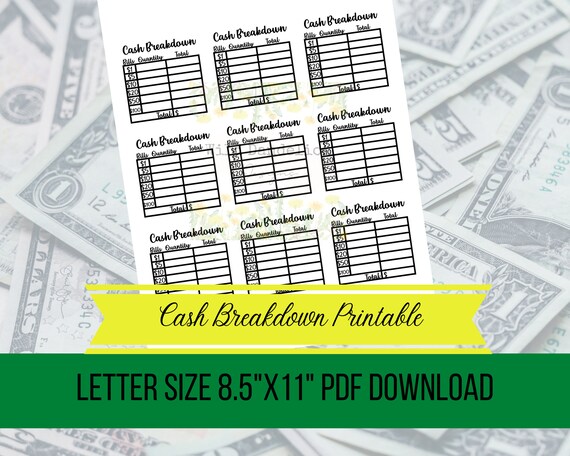 Cash Breakdown Slip Sheet Pdf/printable/download Budget PDF - Etsy