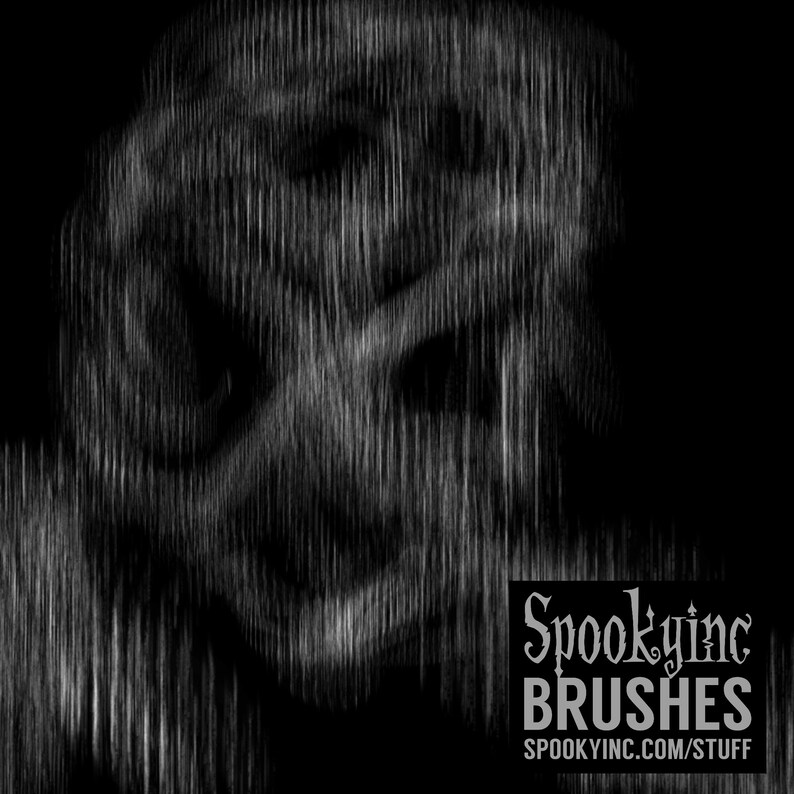 May include: A black and white abstract image with a blurry, textured effect. The image has a vertical, striped pattern. The text "Spookyinc Brushes" is at the bottom of the image.