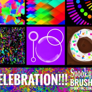 Könnte beinhalten: Ein Satz digitaler Pinsel für Grafikdesign mit buntem Konfetti, geometrischen Mustern, Blasen, einem Donut und einem Spritzfarben-Effekt. Der Text "Spookying Brushes" und "Spookying.com/stuff" ist im Bild enthalten.