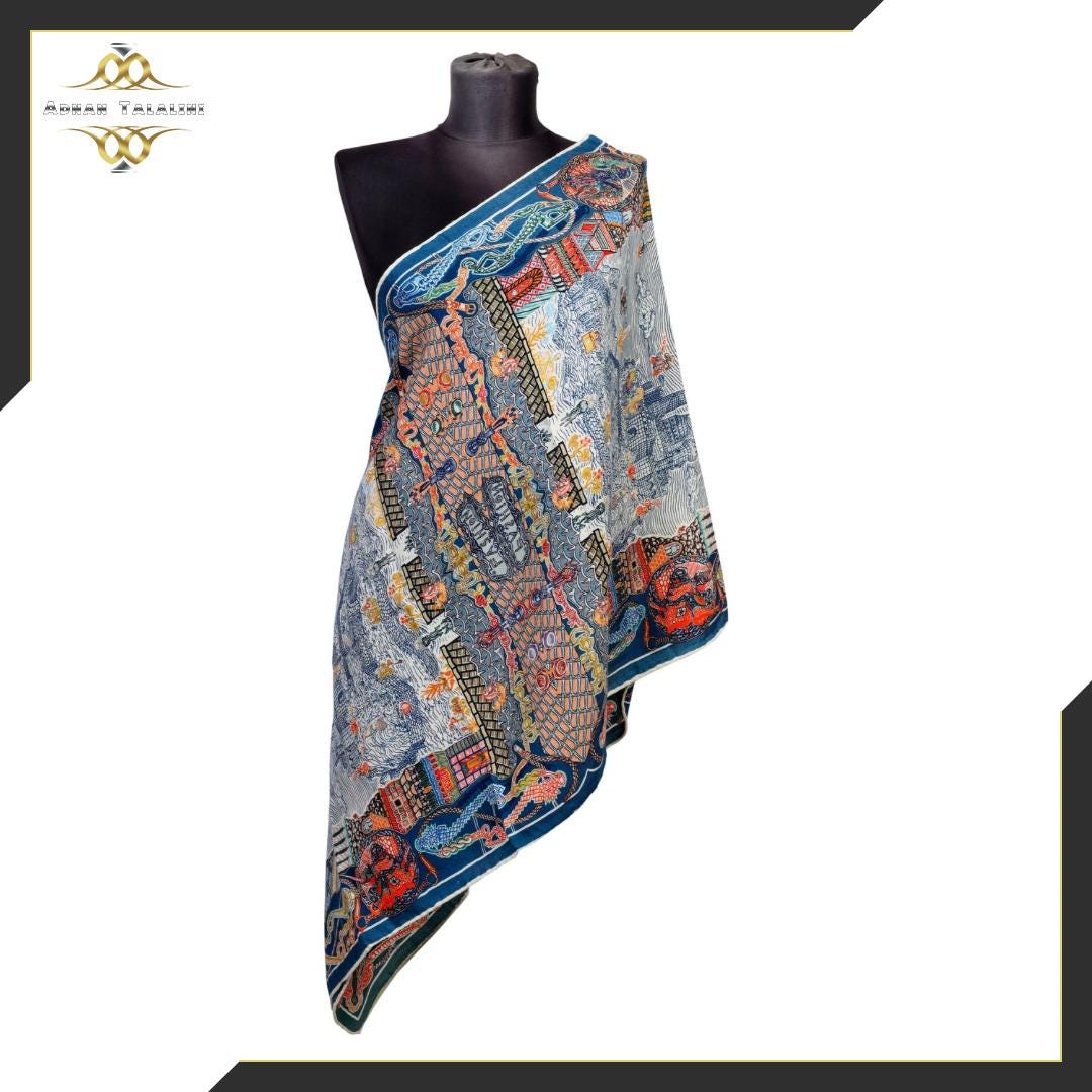 100% Natural Wool Shawl - Hermès Inspired Design with Vibrant Ethnic Patterns
