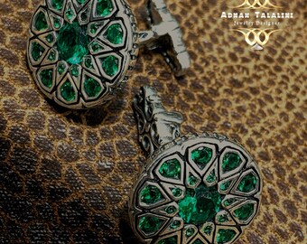 Copy Falamang old cut diamond style Silver set with green agate cufflinks