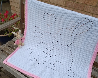 Bunny love blanket crochet pattern, baby blanket pattern, filet crochet blanket, easy baby blanket ideas, bunny crochet blanket pattern