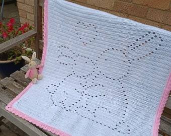 Bunny Love Baby Blanket Crochet Pattern, filet crochet pattern, baby blanket pattern, simple baby blanket ideas, bunny baby blanket