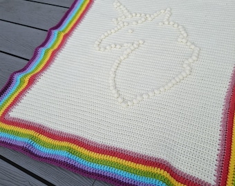 Patrón de crochet para manta de unicornio con pompones: Borde arcoíris (patrón en PDF)