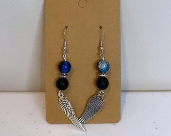 Blue & Black Glass Dangle Earrings w/Angel Wings