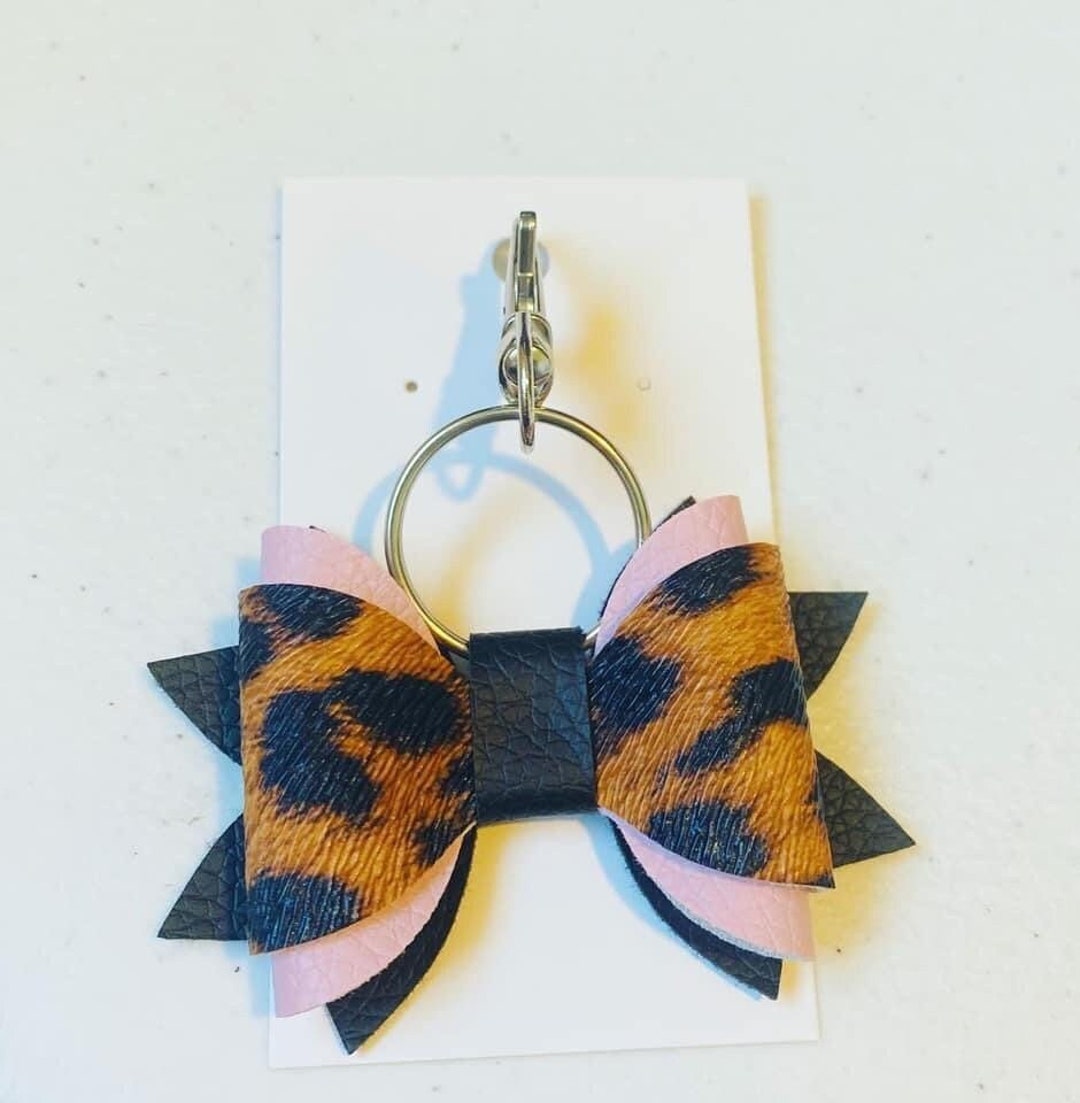 Leopard Faux Leather Bow Keychain Etsy