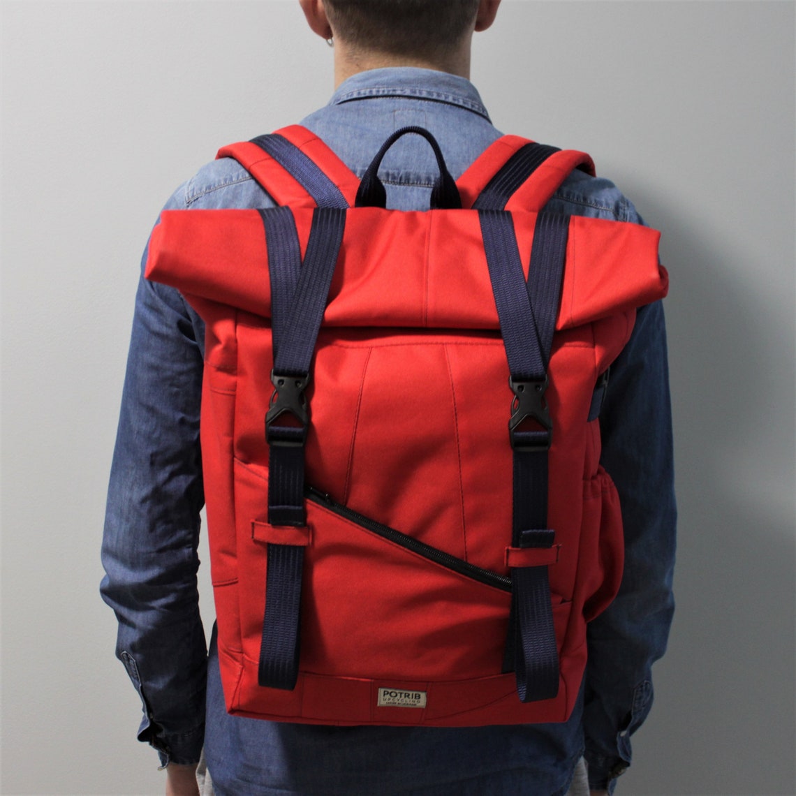 Upcycled Rolltop Backpack Handmade Travel Red Backpack Women Etsy