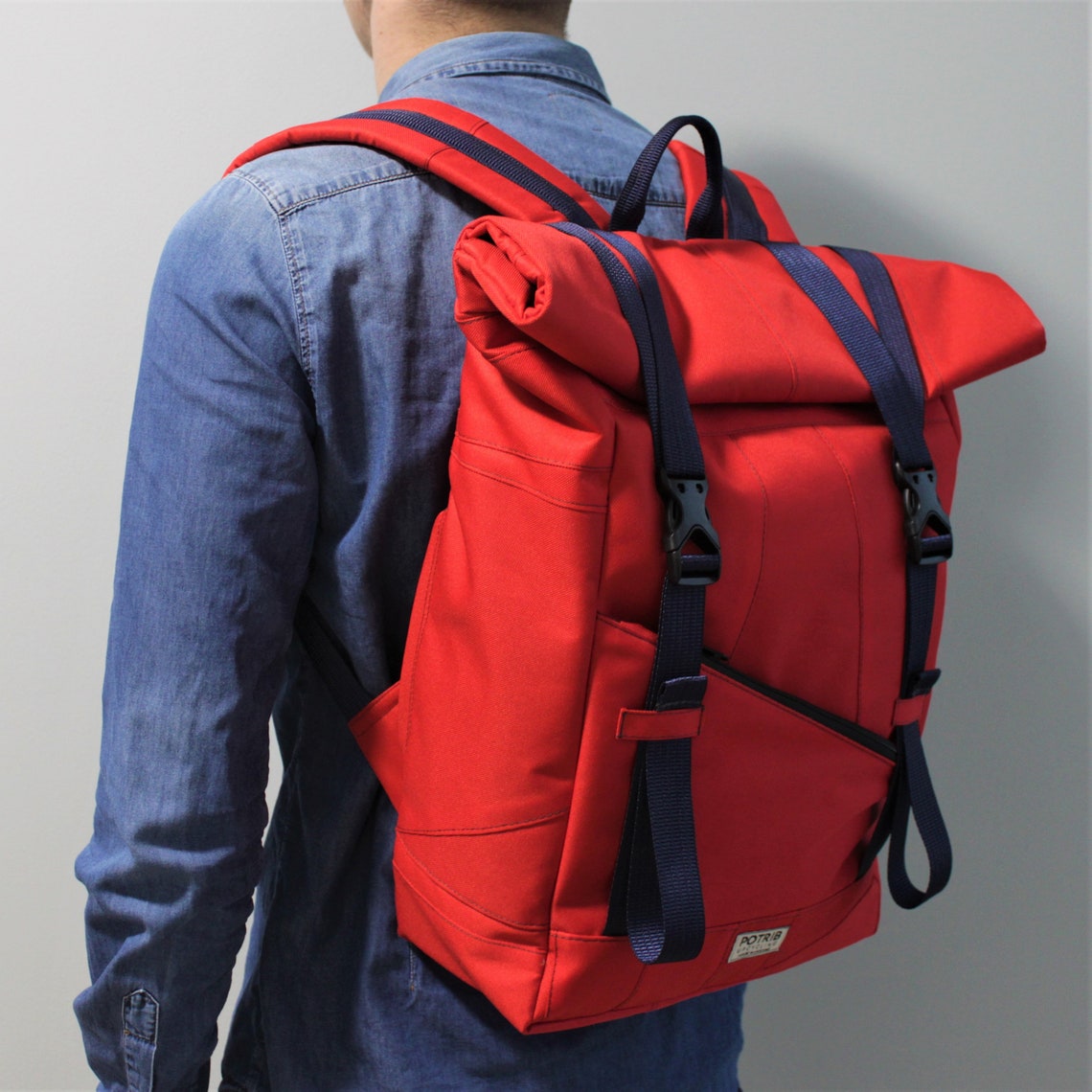 Upcycled Rolltop Backpack Handmade Travel Red Backpack Women Etsy