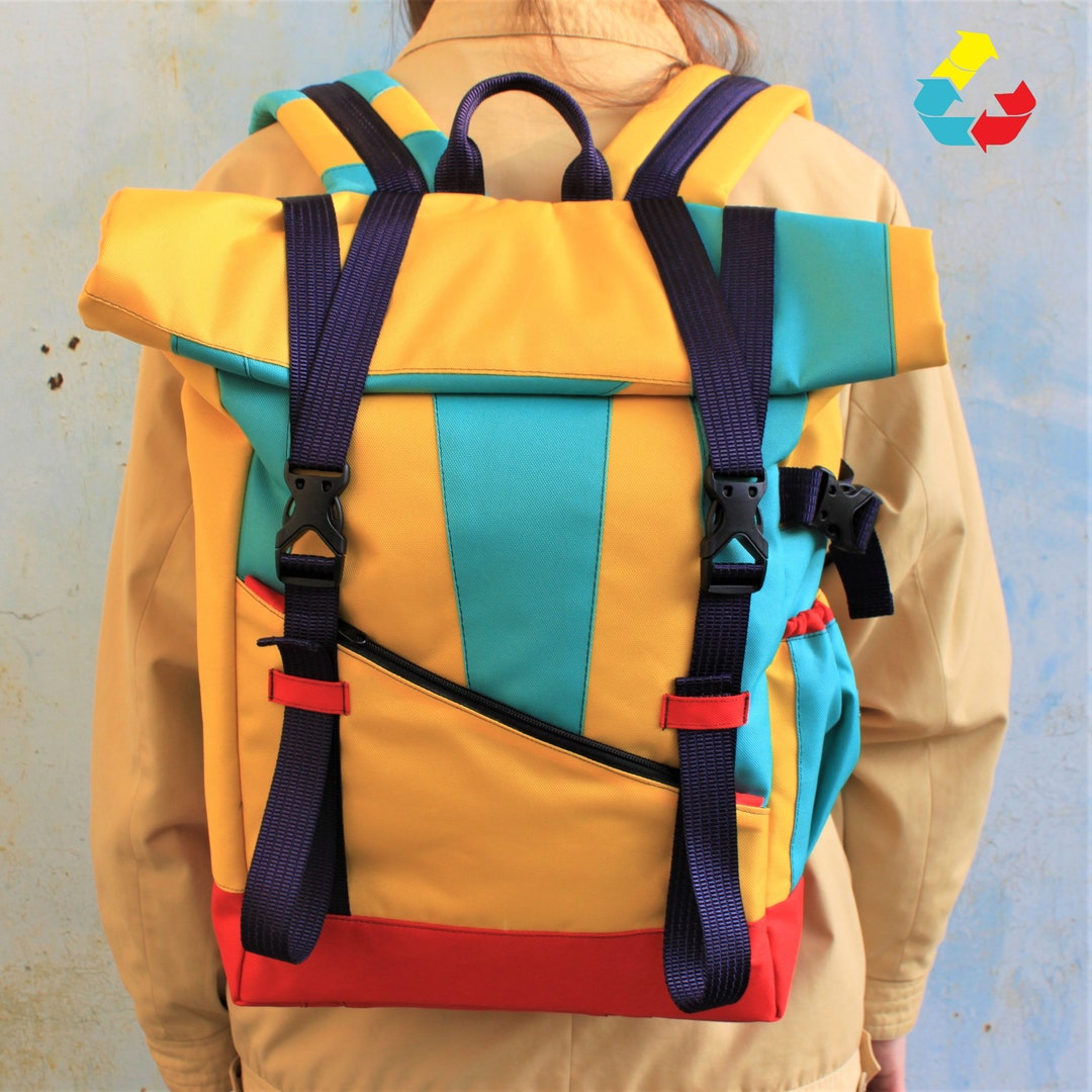 Upcycled Rolltop Backpack Handmade Travel Yellow Backpack Etsy