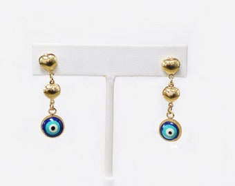 Protection Earrings Evil Eye 1.25 inch Drop Dangle Earrings Good Luck earrings 18K Gold Filled Hearts Earrings