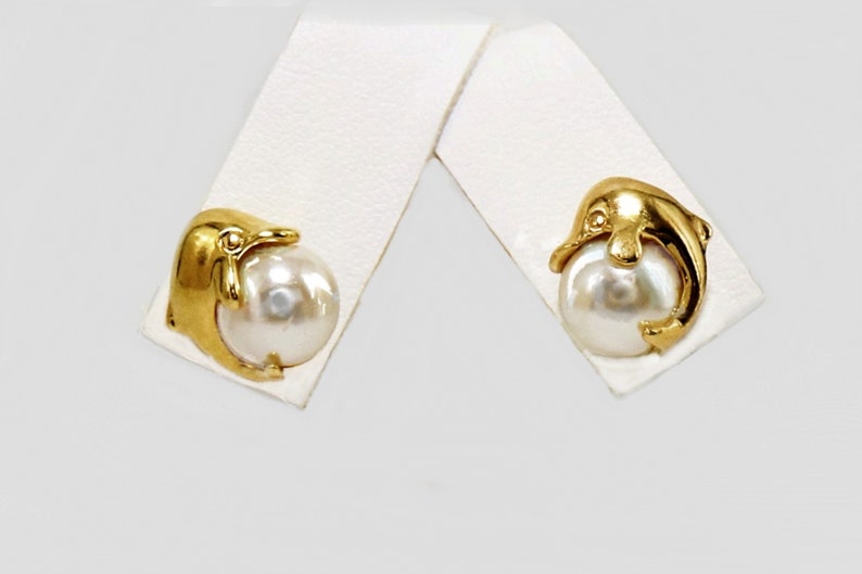 boucles d'oreilles vintage encombrantes 3D Dolphin Pearl Stud Boucles d'oreilles Dolphin Pearl 18K Gold Filled 15mm image 1