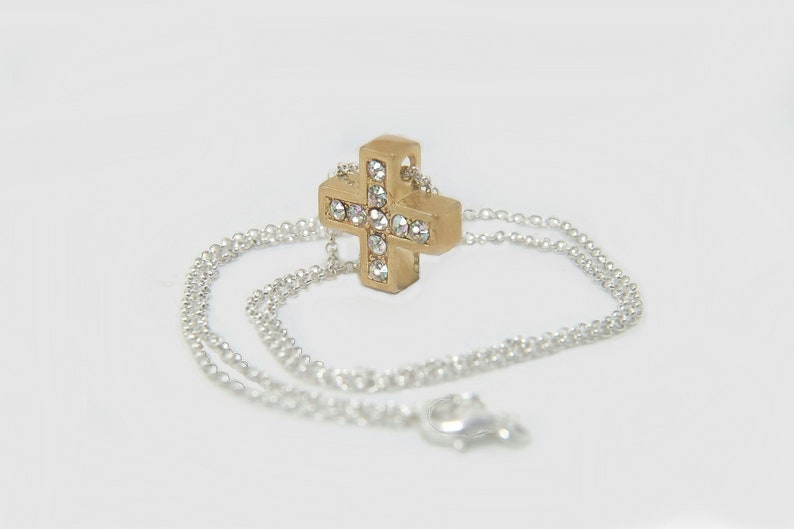 Two Tone 925 Sterling Silver Chain Necklace Greek Square Cz/'s Cross Cross Slider 18k yellow Gold Filled