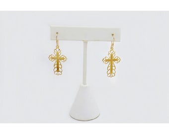 Vintage Filigree Lightweight Cross Earrings: 14K Gold Filled Openwork