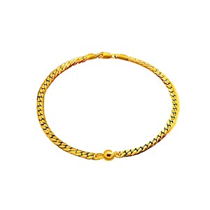 May include: A gold-coloured necklace featuring a herringbone chain design. The necklace is circular, with a small ball at the centre. The clasp is visible at the top. The jewellery is set against a white background.