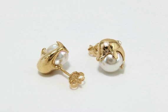 Vintage bulky 3D Dolphin Pearl Stud earrings  Dol… - image 6