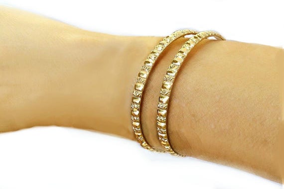 Gold Filled Bangle Bracelet Set: Etched Slip-On B… - image 8